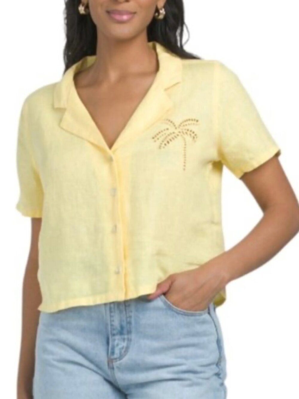 Calypso St Barth Linen Palm Tree Embroidered Crop Top XL Yellow Coastal Vacation